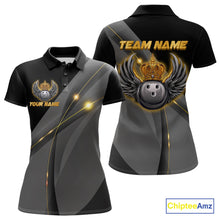 Load image into Gallery viewer, Black and Gold Crown Bowling ball wings Bowling Shirts For Women Custom Bowling Team Outfits NQS10549