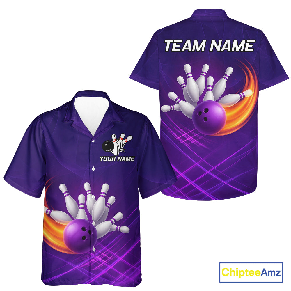 Purple Flame Bowling Hawaiian Shirt Custom Team Bowling Hawaiian Shirt Uniform NQS10768