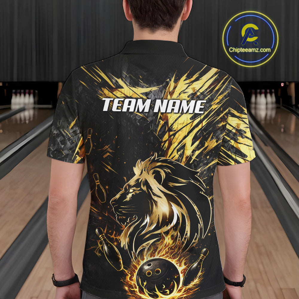 Black and Gold Lion Bowling Polo, 1/4 Zip Shirt for Men Custom Lion Bowling Team jerseys NQS11682