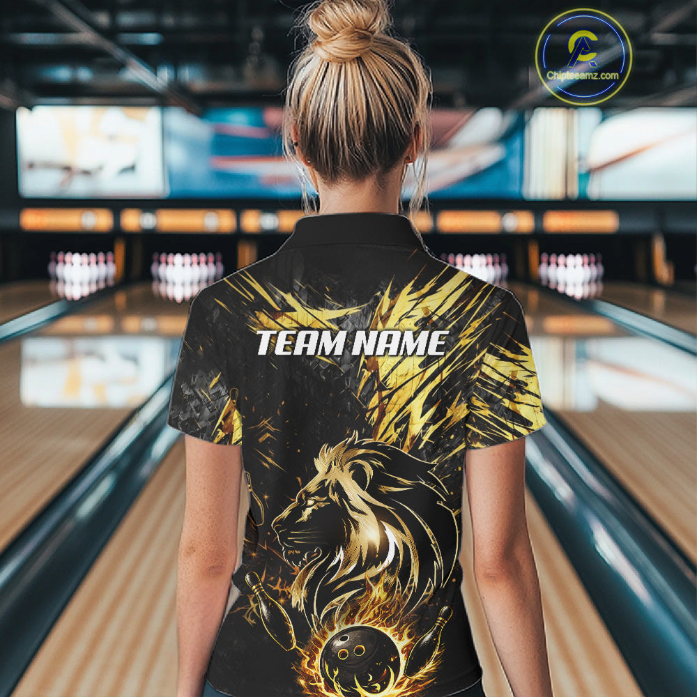 Black and Gold Lion Bowling Polo, 1/4 Zip Shirt for Women Custom Lion Bowling Team jerseys NQS11682