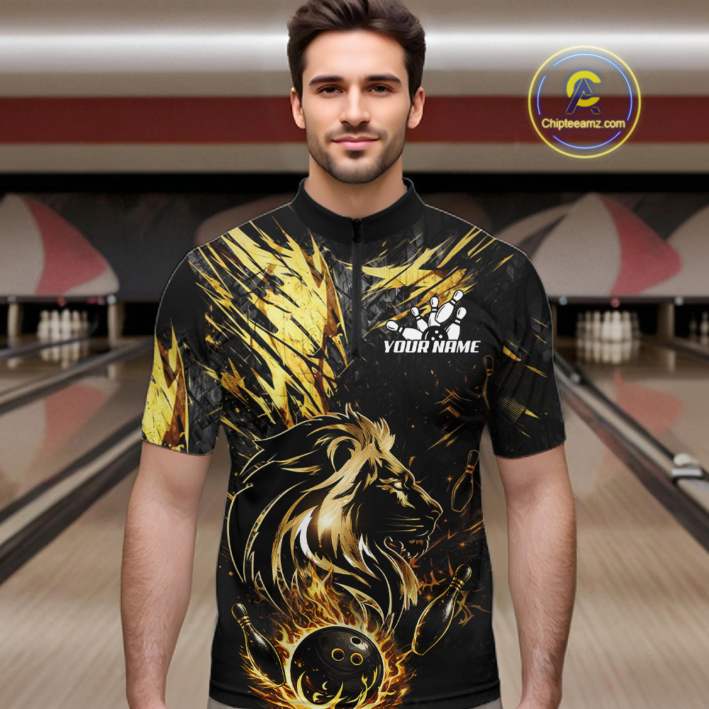 Black and Gold Lion Bowling Polo, 1/4 Zip Shirt for Men Custom Lion Bowling Team jerseys NQS11682