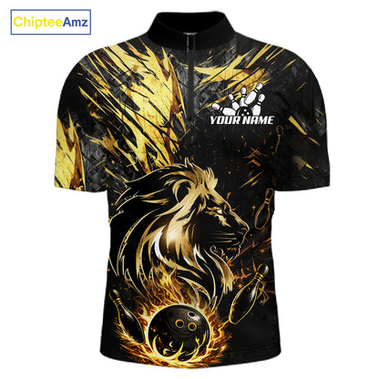 Black and Gold Lion Bowling Polo, 1/4 Zip Shirt for Men Custom Lion Bowling Team jerseys NQS11682