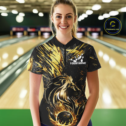 Black and Gold Lion Bowling Polo, 1/4 Zip Shirt for Women Custom Lion Bowling Team jerseys NQS11682