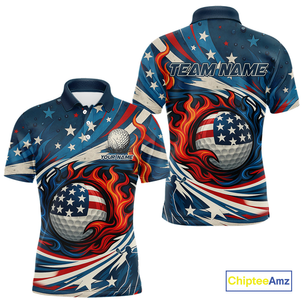 American Flag pattern Flame golf ball Mens Golf polo shirts Custom patriotic Golf Outfit For Mens NQS10038