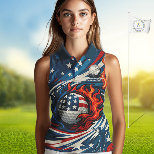 American Flag pattern Flame golf ball Sleeveless Golf polo shirts Custom patriotic women Golf Outfit NQS10038