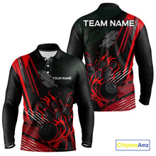 Load image into Gallery viewer, Black and Red Flame Bowling Polo, Quarter Zip Shirts For Men Custom Bowling Outfit Team Jerseys NQS10192