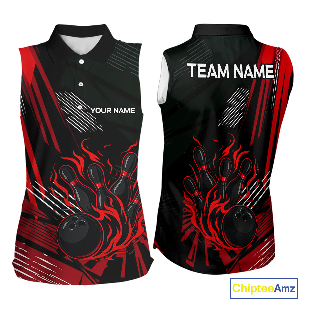 Black and Red Flame Bowling sleeveless polo Shirts Custom Bowling Outfit Team Jerseys NQS10192