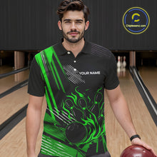 Load image into Gallery viewer, Black and Green Flame Bowling Polo, Quarter Zip Shirts For Men Custom Bowling Outfit Team Jerseys NQS10193