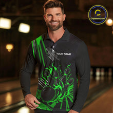 Load image into Gallery viewer, Black and Green Flame Bowling Polo, Quarter Zip Shirts For Men Custom Bowling Outfit Team Jerseys NQS10193