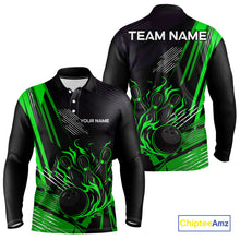 Load image into Gallery viewer, Black and Green Flame Bowling Polo, Quarter Zip Shirts For Men Custom Bowling Outfit Team Jerseys NQS10193