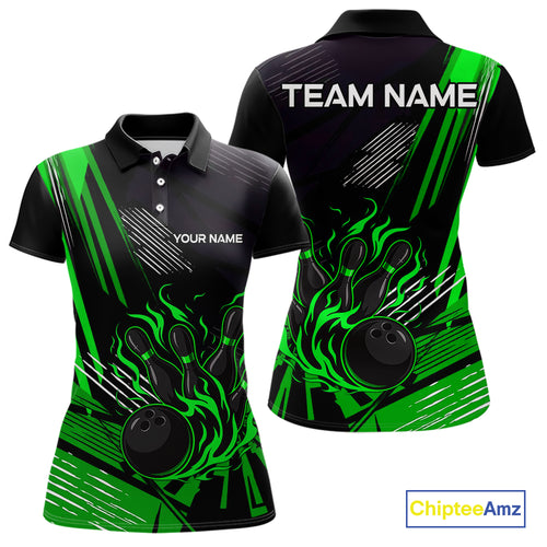 Black and Green Flame Bowling Polo, Quarter Zip Shirts For Women Custom Bowling Outfit Team Jerseys NQS10193
