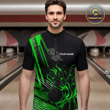 Load image into Gallery viewer, Black and Green Flame Bowling Polo, Quarter Zip Shirts For Men Custom Bowling Outfit Team Jerseys NQS10193