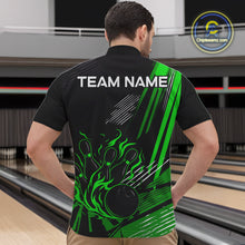 Load image into Gallery viewer, Black and Green Flame Bowling Polo, Quarter Zip Shirts For Men Custom Bowling Outfit Team Jerseys NQS10193