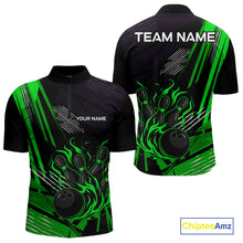 Load image into Gallery viewer, Black and Green Flame Bowling Polo, Quarter Zip Shirts For Men Custom Bowling Outfit Team Jerseys NQS10193