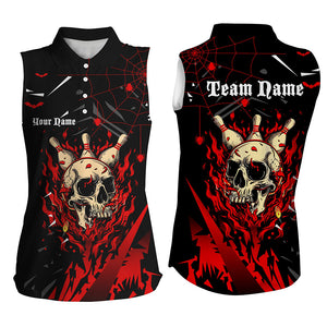 Black and Red Flame Bowling Skull Custom Halloween bowling Sleeveless Polo Shirts,Team Bowling jerseys NQS8155