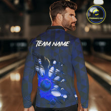 Load image into Gallery viewer, Blue Camo strike Men's Bowling Polo, Quarter Zip Shirt Custom Team Bowling jersey, gift for bowler NQS10343