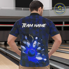 Load image into Gallery viewer, Blue Camo strike Men's Bowling Polo, Quarter Zip Shirt Custom Team Bowling jersey, gift for bowler NQS10343