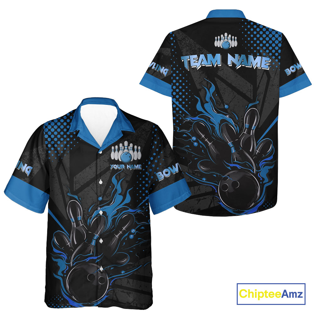 Personalized Black and Blue Flame Bowling Hawaiian Shirt, Custom bowling Team Button Up Shirts NQS10771