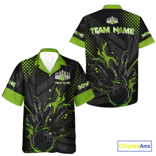 Personalized Black and Green Flame Bowling Hawaiian Shirt, Custom bowling Team Button Up Shirts NQS10772