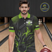 Load image into Gallery viewer, Personalized Black and Green Flame Bowling Polo, 1/4 Zip Shirts For Men, Custom bowling Team Jerseys NQS10772