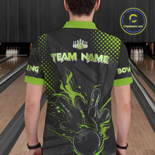 Load image into Gallery viewer, Personalized Black and Green Flame Bowling Polo, 1/4 Zip Shirts For Men, Custom bowling Team Jerseys NQS10772