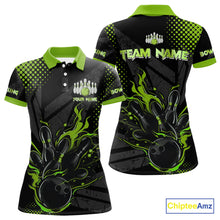 Load image into Gallery viewer, Personalized Black and Green Flame Bowling Polo, 1/4 Zip Shirts For Women, Custom bowling Team Jersey NQS10772