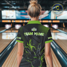Load image into Gallery viewer, Personalized Black and Green Flame Bowling Polo, 1/4 Zip Shirts For Women, Custom bowling Team Jersey NQS10772