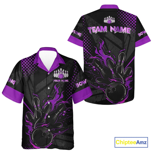 Personalized Black and Purple Flame Bowling Hawaiian Shirt, Custom bowling Team Button Up Shirts NQS10773