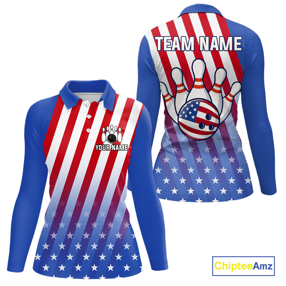 Red, White and Blue US Flag Bowling Shirts for Women Custom Patriotic Bowling Team Jerseys NQS11148
