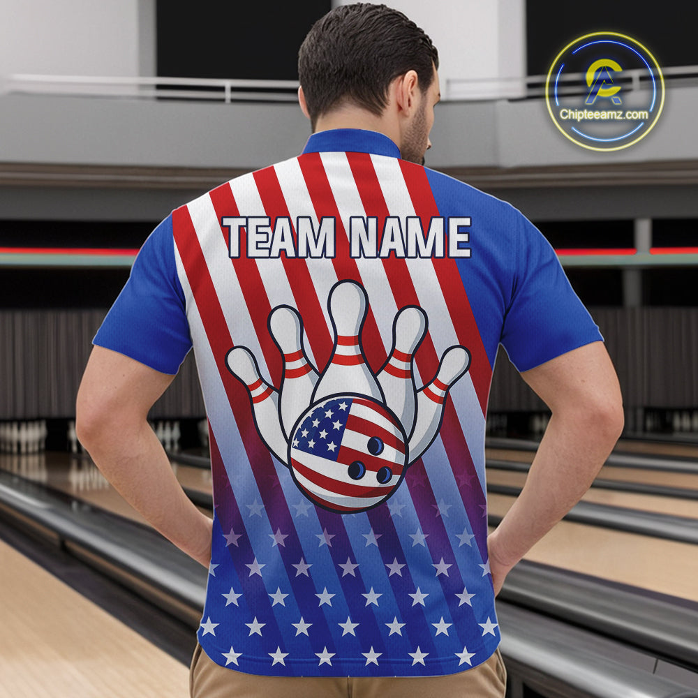 Red, White and Blue US Flag Bowling Shirts for Men Custom Patriotic Bowling Team Jerseys NQS11148