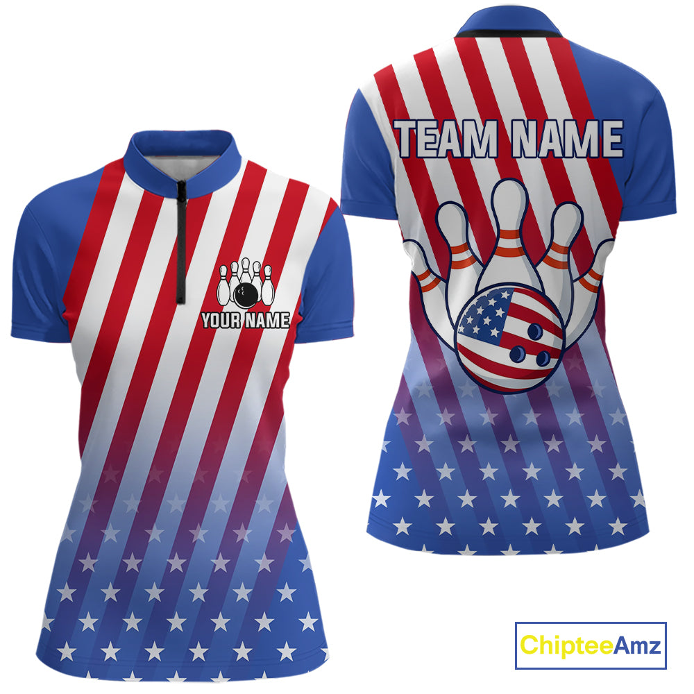 Red, White and Blue US Flag Bowling Shirts for Women Custom Patriotic Bowling Team Jerseys NQS11148