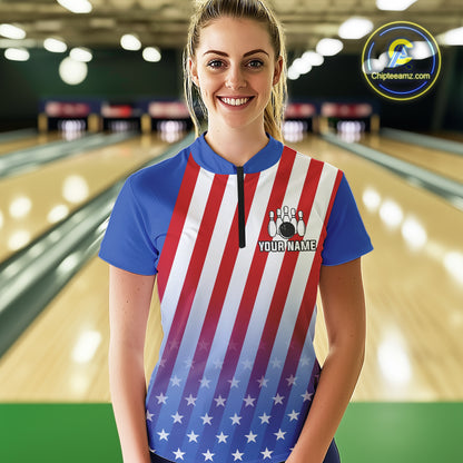 Red, White and Blue US Flag Bowling Shirts for Women Custom Patriotic Bowling Team Jerseys NQS11148