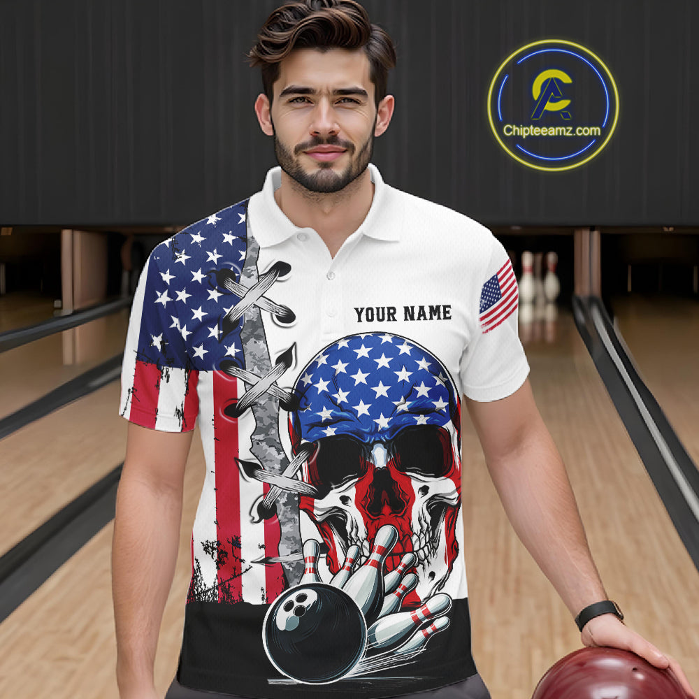 American Flag Skull Bowling Polo, Quarter Zip Shirts for Men Custom Patriotic Bowling Team jerseys NQS11694
