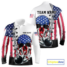 Load image into Gallery viewer, American Flag Skull Bowling Polo, Quarter Zip Shirts for Men Custom Patriotic Bowling Team jerseys NQS11694