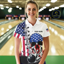 Load image into Gallery viewer, American Flag Skull Bowling Polo, Quarter Zip Shirts for Women Custom Patriotic Bowling Team jerseys NQS11694