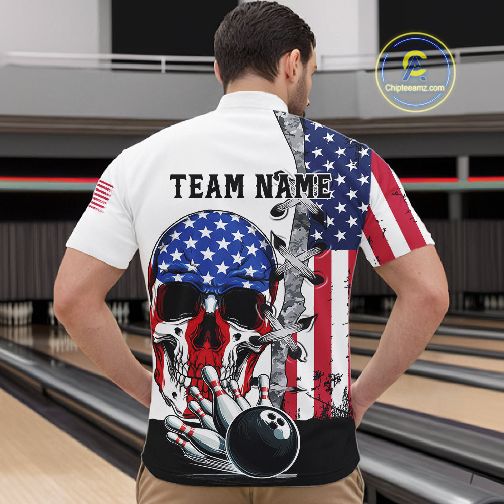 American Flag Skull Bowling Polo, Quarter Zip Shirts for Men Custom Patriotic Bowling Team jerseys NQS11694