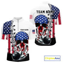 Load image into Gallery viewer, American Flag Skull Bowling Polo, Quarter Zip Shirts for Men Custom Patriotic Bowling Team jerseys NQS11694