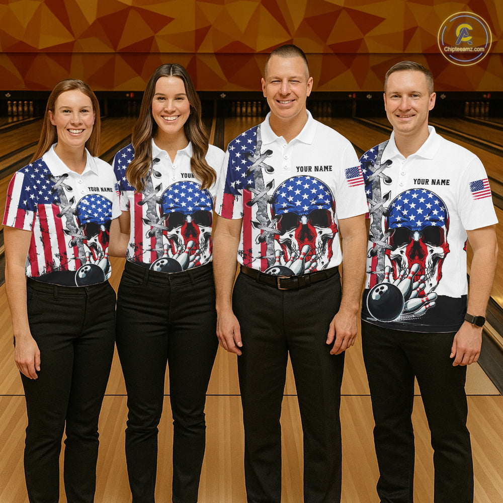 American Flag Skull Bowling Polo, Quarter Zip Shirts for Women Custom Patriotic Bowling Team jerseys NQS11694
