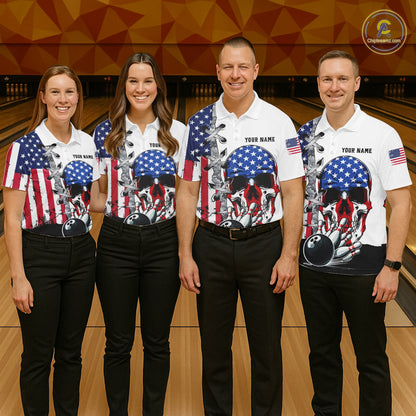 American Flag Skull Bowling Polo, Quarter Zip Shirts for Women Custom Patriotic Bowling Team jerseys NQS11694