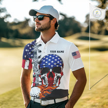 Load image into Gallery viewer, American Flag Skull Flame Golf Ball Mens Golf Polo shirts Custom Patriotic golf attire for men NQS11695