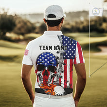Load image into Gallery viewer, American Flag Skull Flame Golf Ball Mens Golf Polo shirts Custom Patriotic golf attire for men NQS11695