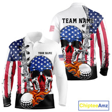 Load image into Gallery viewer, American Flag Skull Flame Golf Ball Mens Golf Polo shirts Custom Patriotic golf attire for men NQS11695