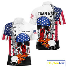 Load image into Gallery viewer, American Flag Skull Flame Golf Ball Mens Golf Polo shirts Custom Patriotic golf attire for men NQS11695