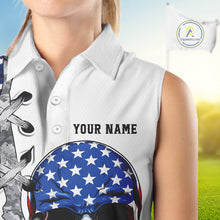 Load image into Gallery viewer, American Flag Skull Flame Golf Ball Sleeveless Golf Polo shirt Custom Patriotic golf attire for ladie NQS11695