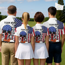 Load image into Gallery viewer, American Flag Skull Flame Golf Ball Mens Golf Polo shirts Custom Patriotic golf attire for men NQS11695