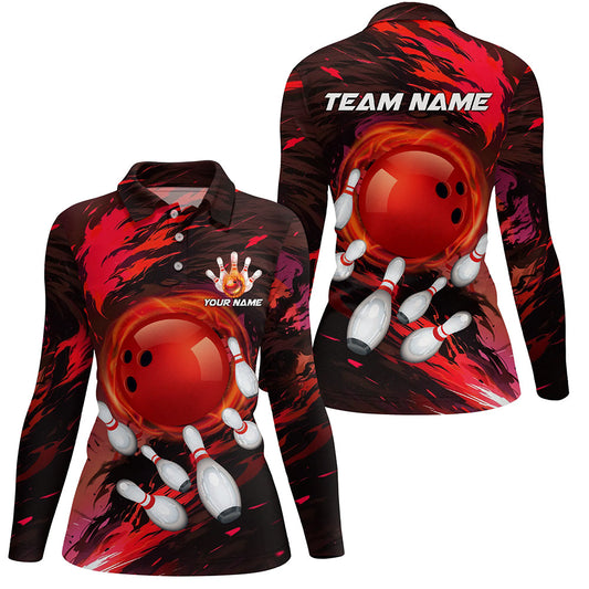 Women bowling polo shirts Custom red light camo Bowling Team league Jerseys, bowling gifts for bowlers NQS7379