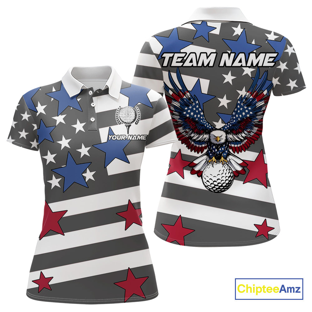 Gray and White American Flag Eagle Golf Polo shirt for Women Custom patriotic team ladies golf outfit NQS9798