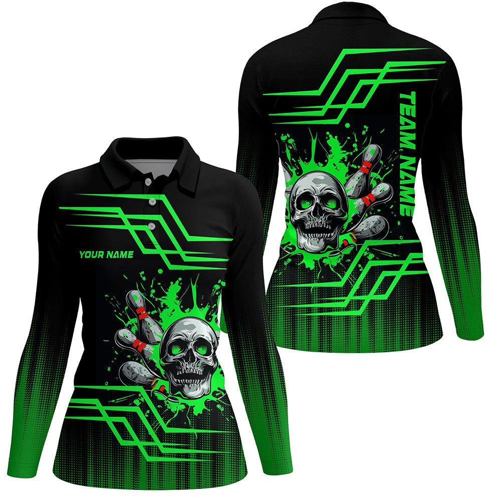 Black and green bowling skull polo, Quarter zip Shirts for women Custom team Bowling jerseys NQS7956
