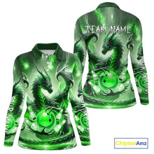 Load image into Gallery viewer, Personalized Green Lights Dragon Women Bowling Polo, 1/4 Zip Shirt Custom Team Bowling League Jersey NQS10199