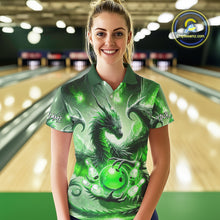 Load image into Gallery viewer, Personalized Green Lights Dragon Women Bowling Polo, 1/4 Zip Shirt Custom Team Bowling League Jersey NQS10199